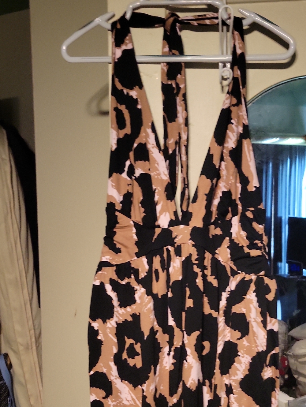 Halter Neck Printed Maxi Dress in Black and Tan